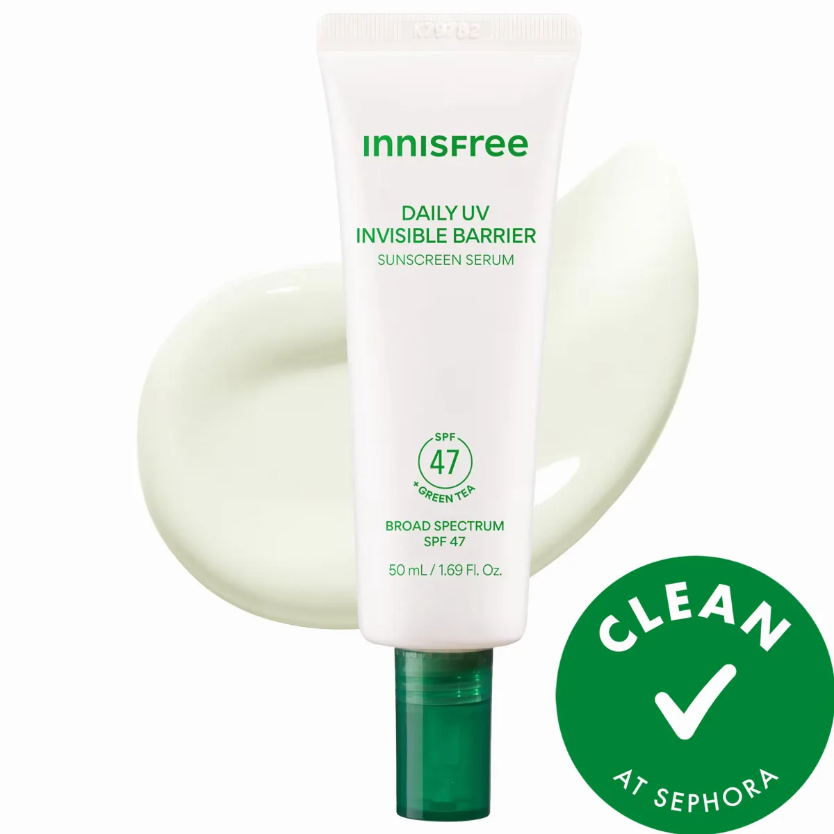 Invisible Barrier Korean Sunscreen Serum SPF 47 with Jeju Green Tea + Hyaluronic Acid 1.69oz/50ml by innisfree