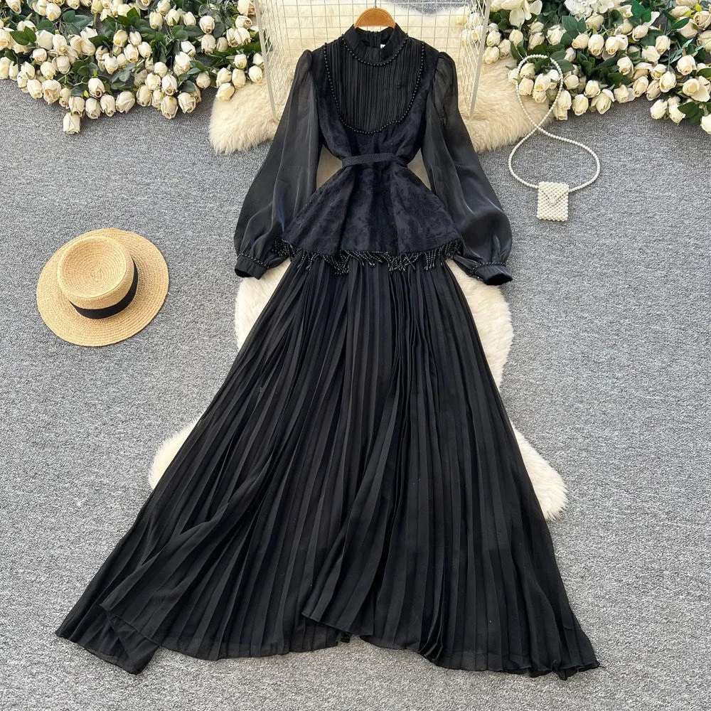 Premium Beaded Lantern Sleeve Tassel Dress Tie-Waist A-Line Midi Elegant Shift Dress by TRUEDAMES