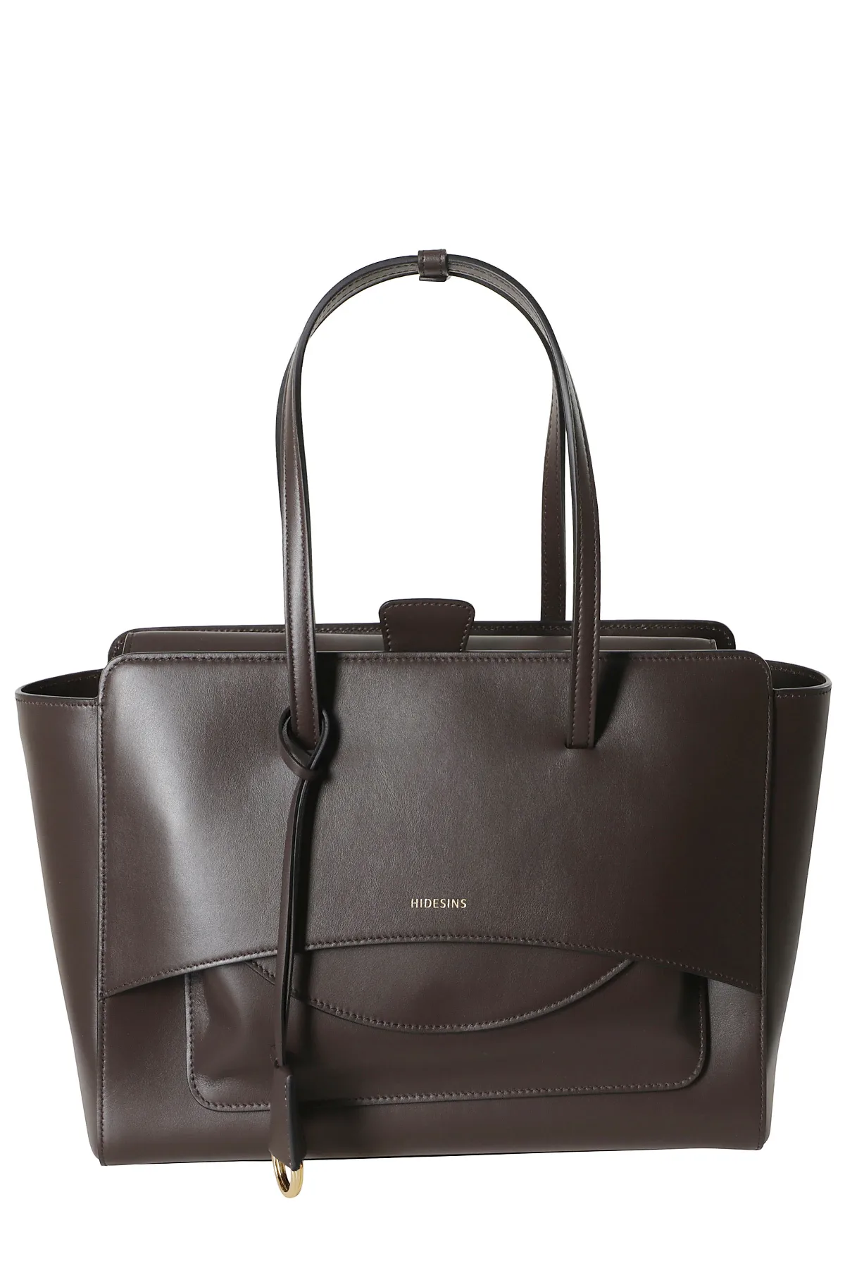 Structured Flap L Gold Logo Leather Tote Bag by HIDESINS