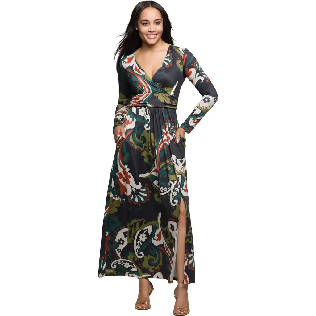 Paisley Print Long Sleeve Wrap Maxi Dress by 24seven Comfort Apparel