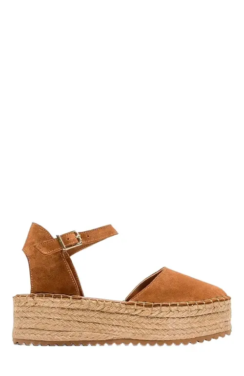 Viba Leather Espadrille Platform Wedge Sandals in Cognac Suede Leather by Forever & Always Shoes
