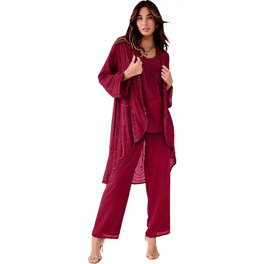 Beaded Georgette Scoop Neck 3 Piece Pant Set by Roaman's