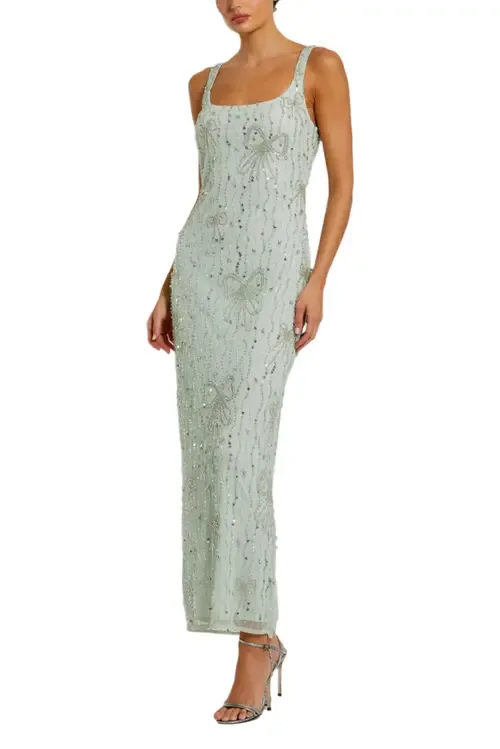 Beaded Mesh Scoop Neck Fitted Gown with Bows by Mac Duggal