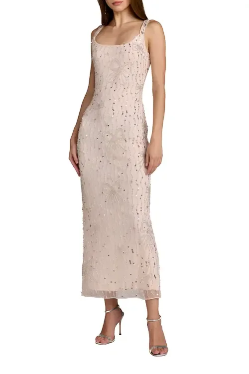 Beaded Mesh Scoop Neck Fitted Gown with Bows