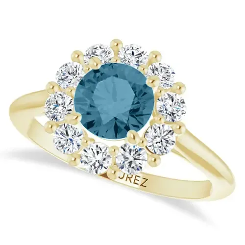 Round Lab Aquamarine & Diamond Halo Ring 14K by ALLUREZ