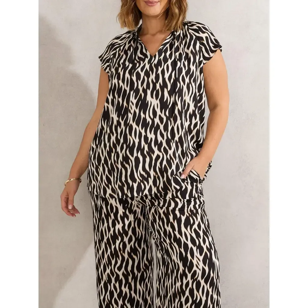 Mono Print Short Sleeve Tie Neck Blouse by Live Unlimited