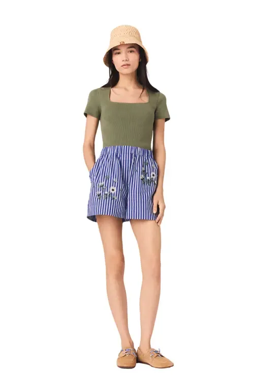 Embroidered Striped Cotton Shorts by maje