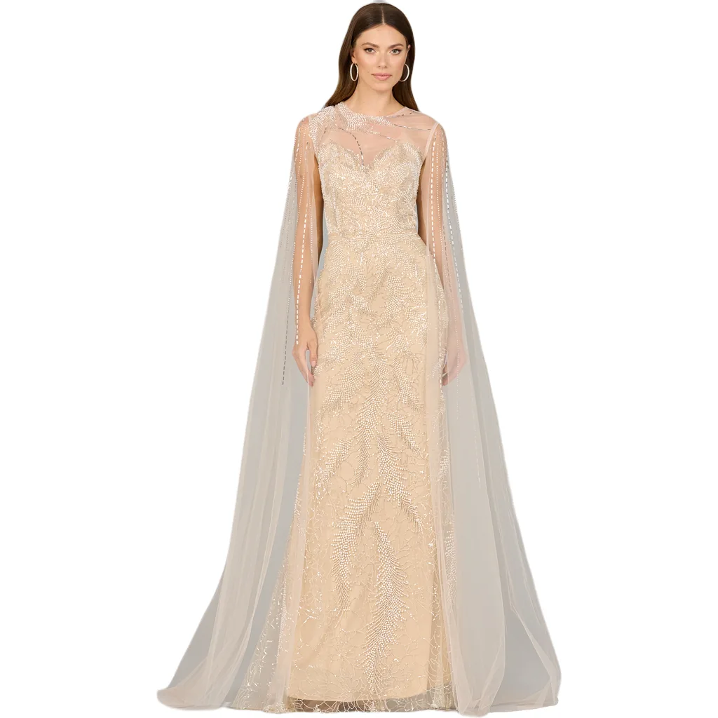 Long Cape Beaded Gown by LARA New York
