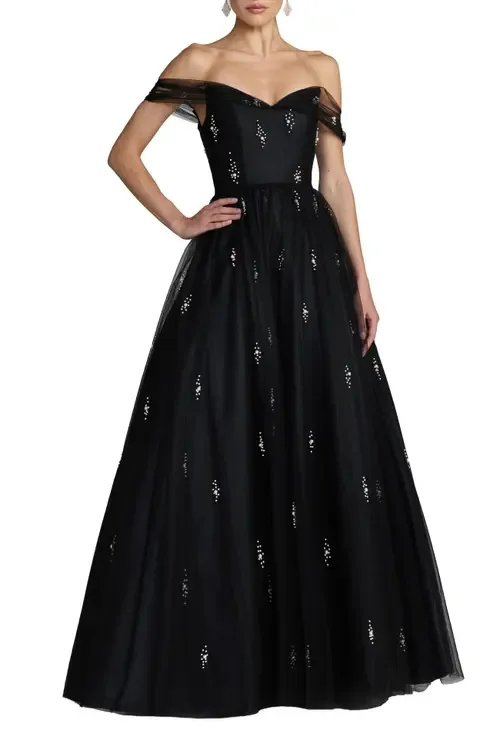 Pearl Embellished Off the Shoulder Ball Gown
