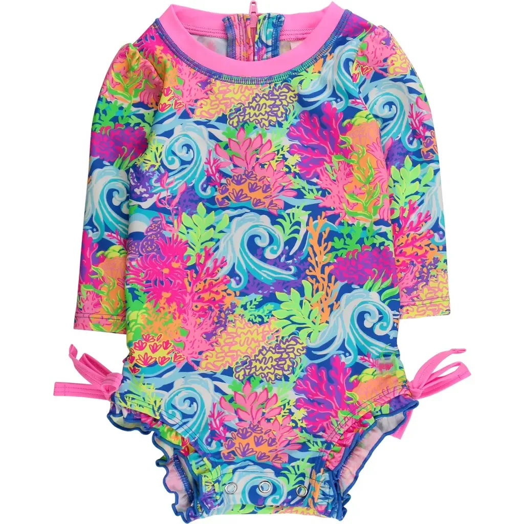 UPF50+ Sun Protected Neon Long Sleeve One Piece Rash Guard Swimsuit, with Signature Rear Ruffles by RuffleButts