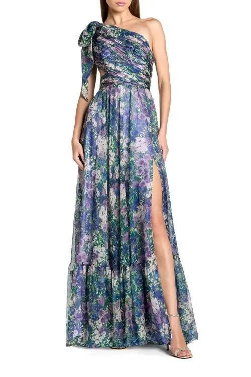 Floral One-Shoulder Cutout Chiffon Evening Gown by Mac Duggal