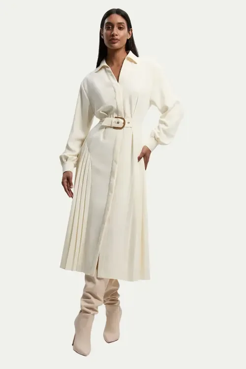 Tailored Crepe Belted Pleated Midi Dress by Karen Millen
