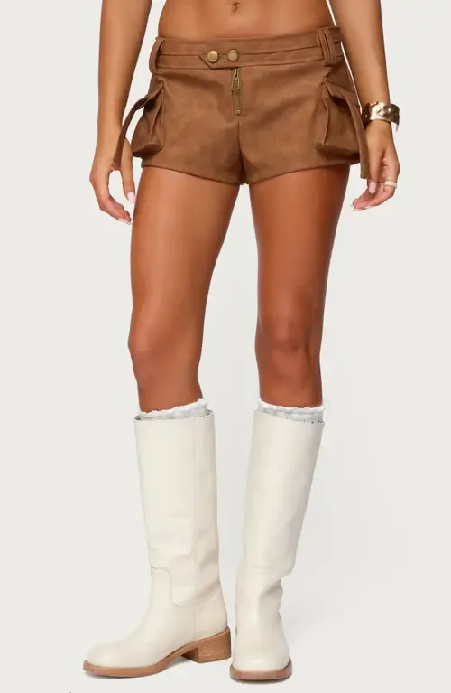 Washed Faux Leather Micro Cargo Shorts by EDIKTED