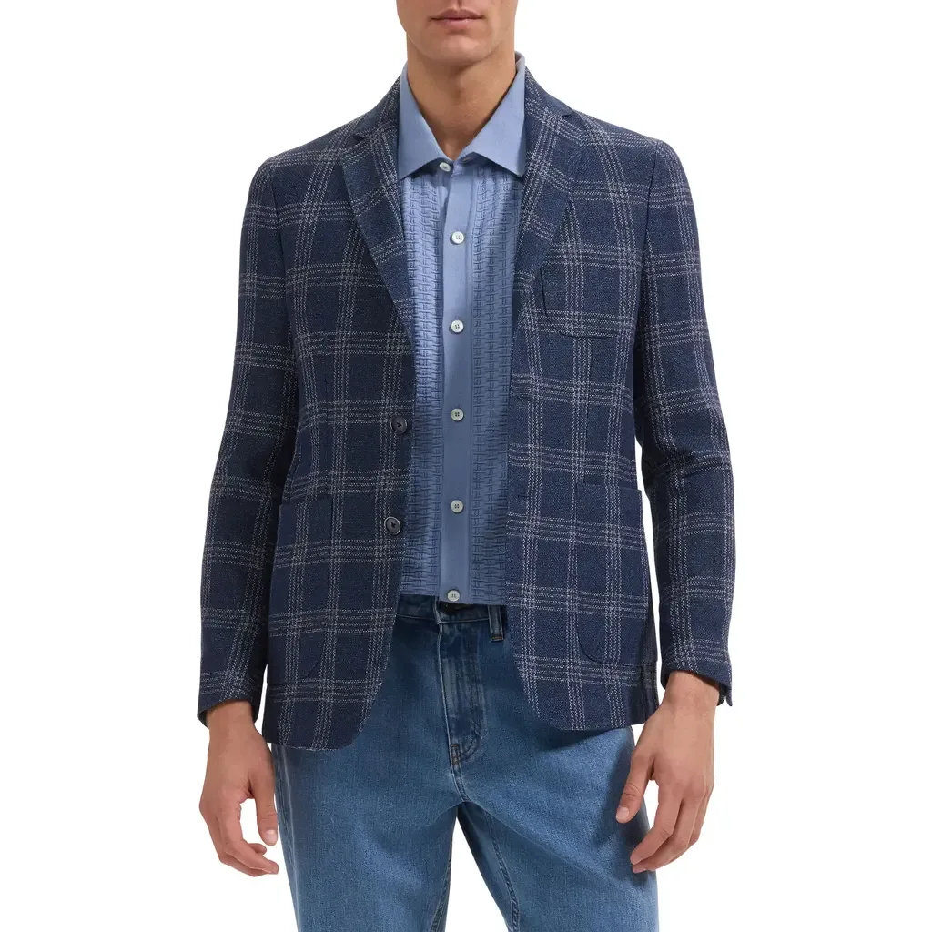 Windowpane Check Cotton & Linen Blend Blazer by Bugatchi