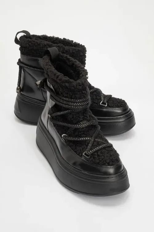 Dila Fur Lined Boot in Black Faux Leather by Prologue Shoes