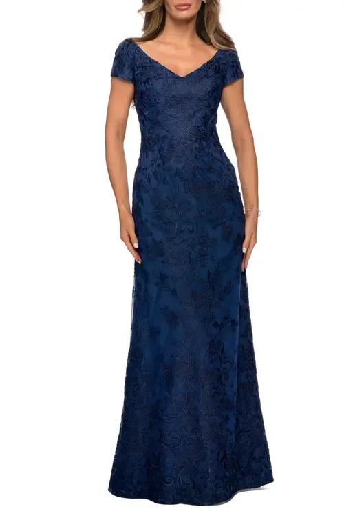 Lace Evening Gown with Cap Sleeves and V-Neck by La Femme