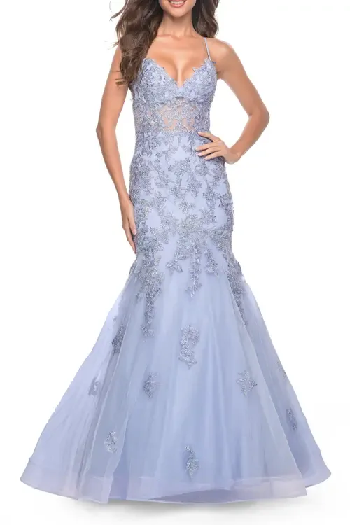 Mermaid Lace Embellished Gown with Illusion Top by La Femme