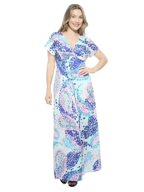 Essential V-Neck Empire Waist Cap Sleeve Maxi Dress by 24seven Comfort Apparel