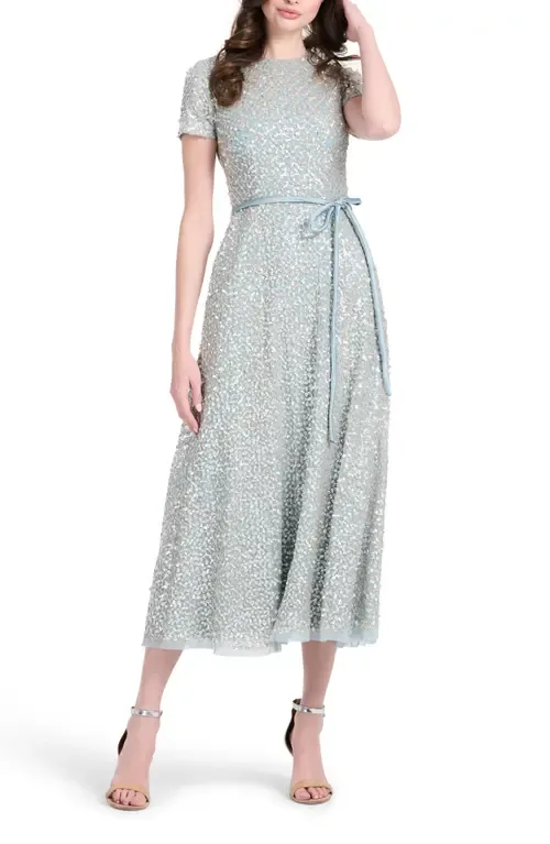 Sequin Encrusted Translucent Tie Waist Cocktail Dress by EMILY SHALANT