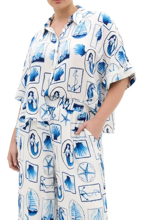 Liana Postcard Print Button-Up Shirt by City Chic