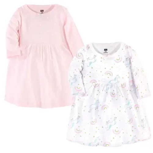 Two Pack of Long-Sleeve Dress in Glitter Unicorn by Hudson Baby