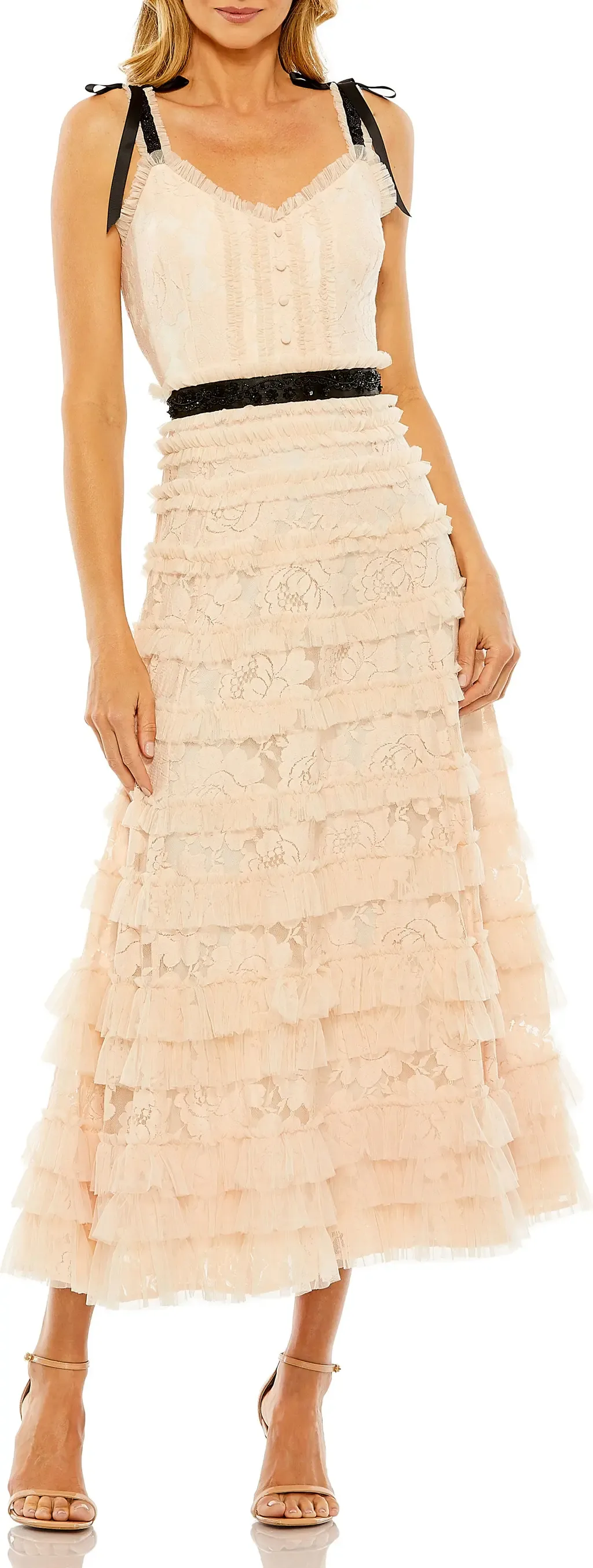 Thin Beaded Bow Strap Multi Ruffle Lace Dress
