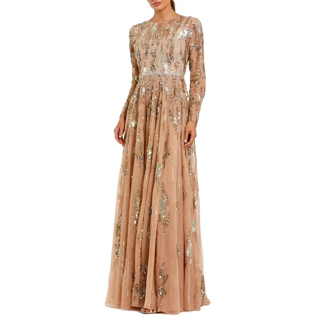 Long Sleeve Mesh Embellished Gown by Mac Duggal