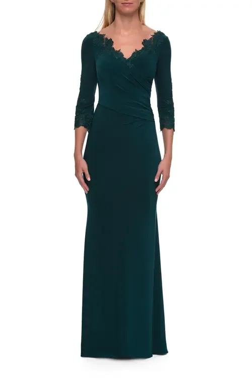 V-Neck Lace Trim Gown with Three-Quarter Sleeves by La Femme