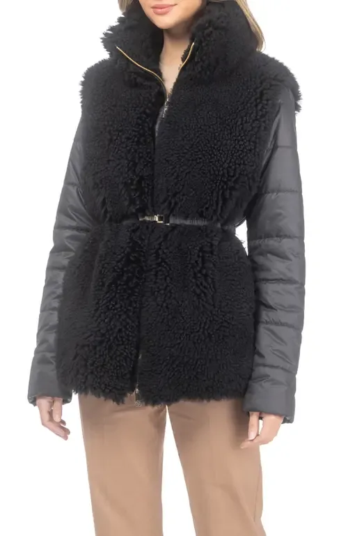 Genuine Shearling Jacket with Quilted Sleeves and Back, Belt by GORSKI