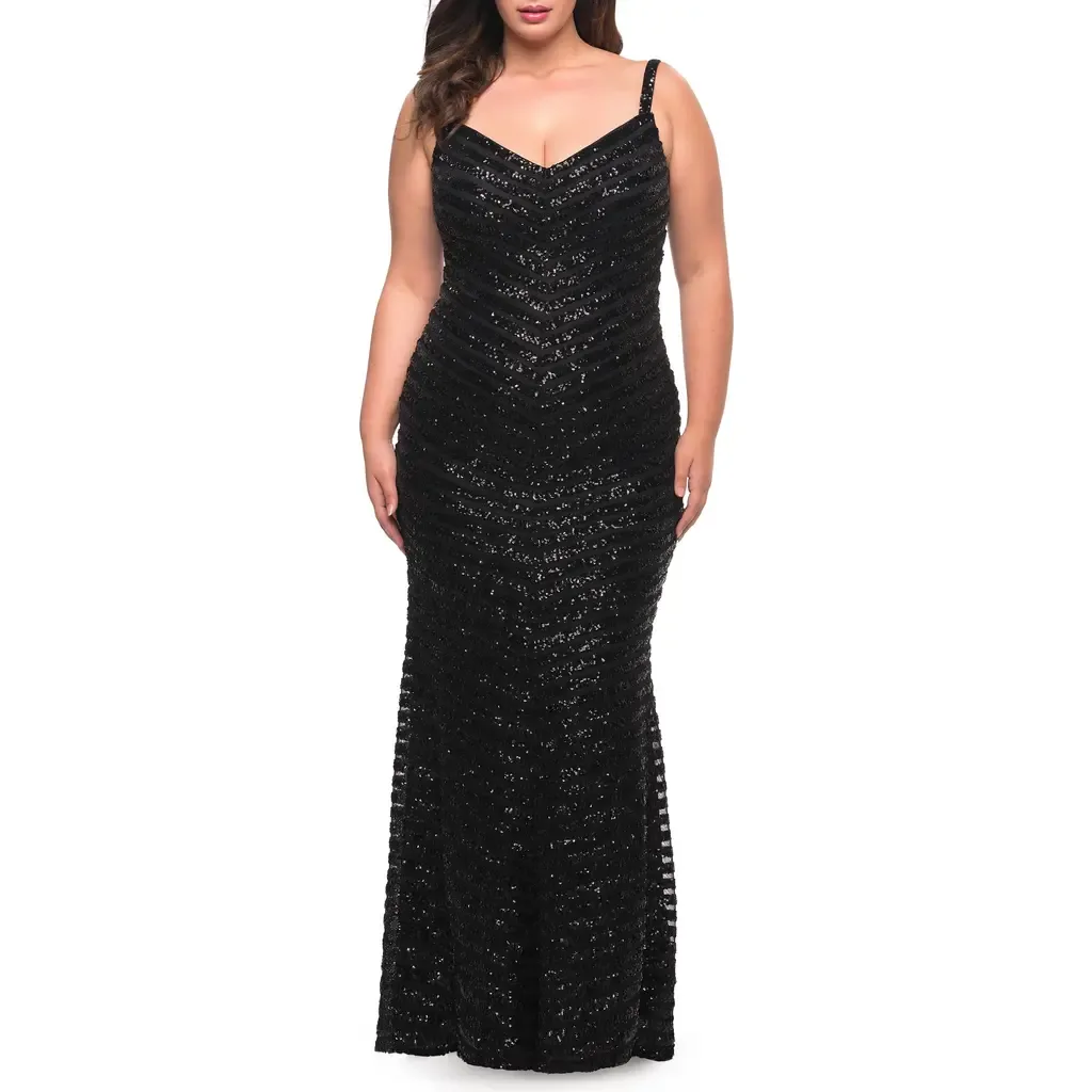 Thick Line Sequin Print Gown with V-Neck by La Femme
