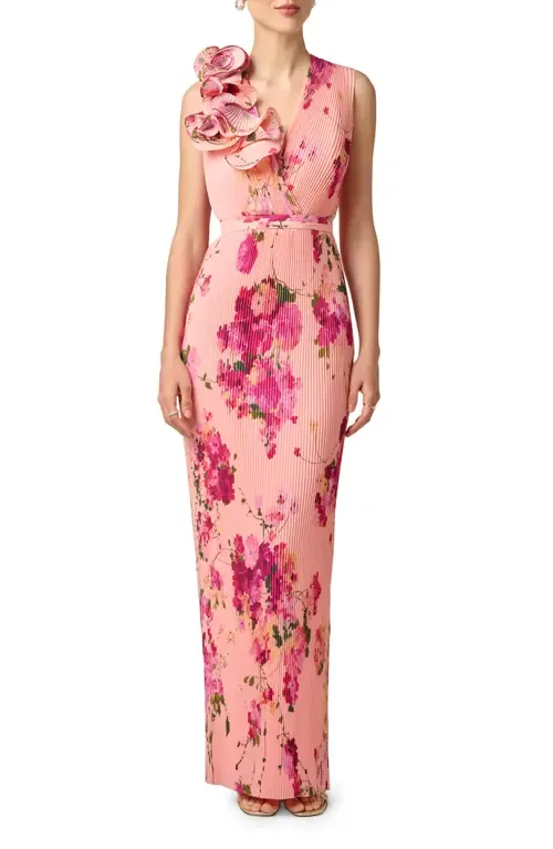 Print Plissé Sleeveless Gown by Aidan Mattox