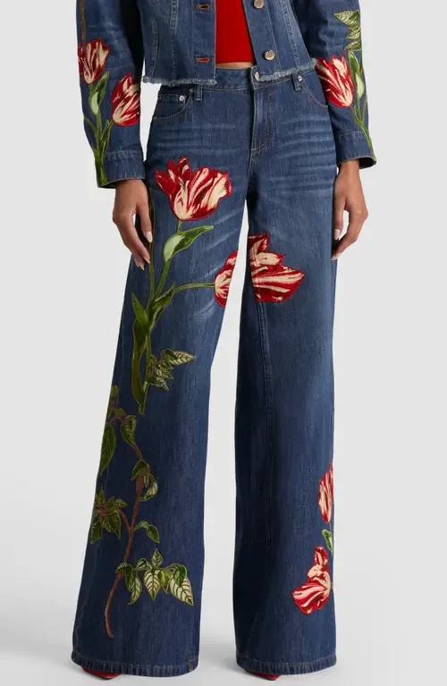 Amazing Low Rise Baggy Wide Leg Embroidered Jeans by ALICE + OLIVIA