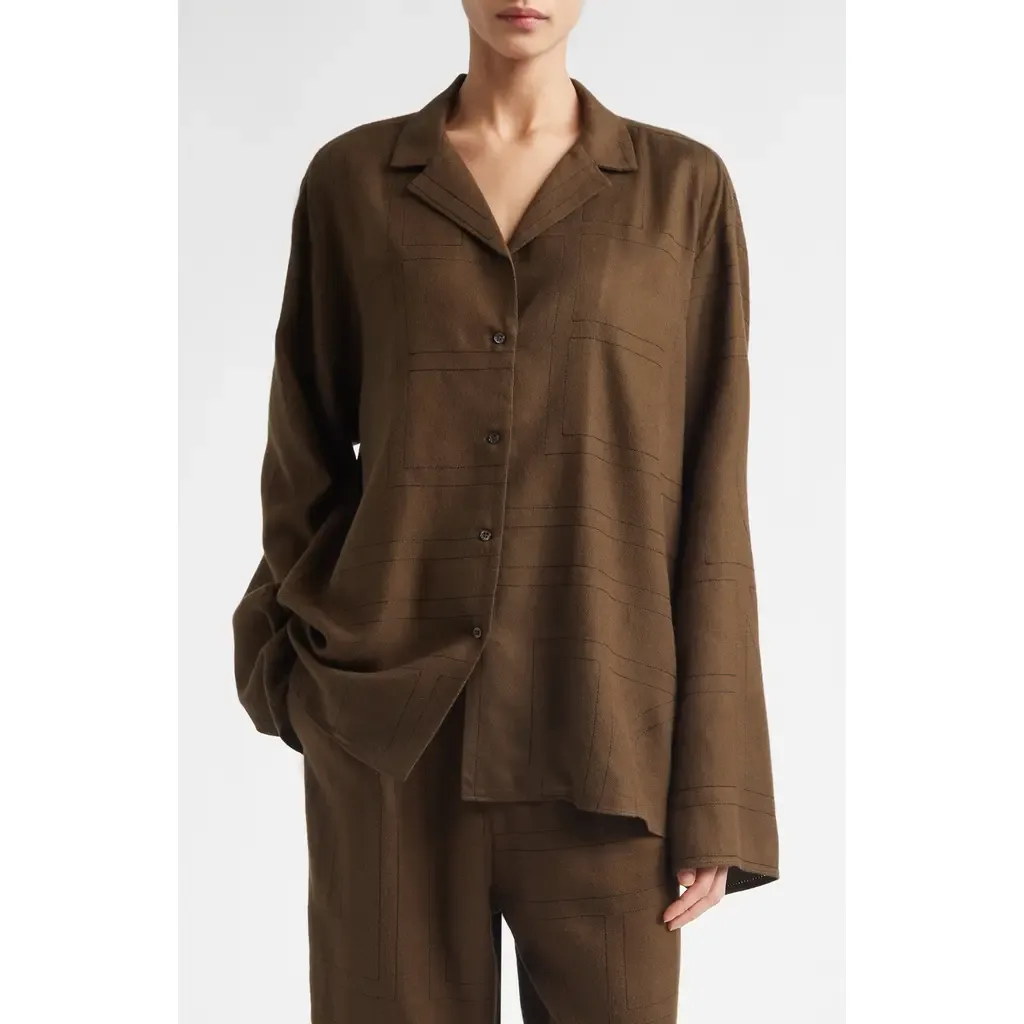 Monogram Embroidered Flannel Button-Up Shirt by TOTEME