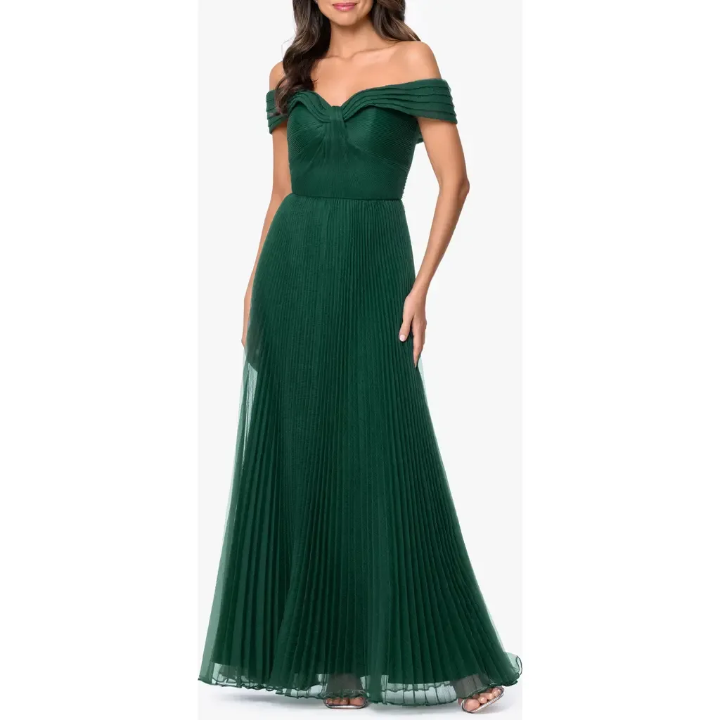 Off the Shoulder Pleated Organza Gown by Xscape Evenings