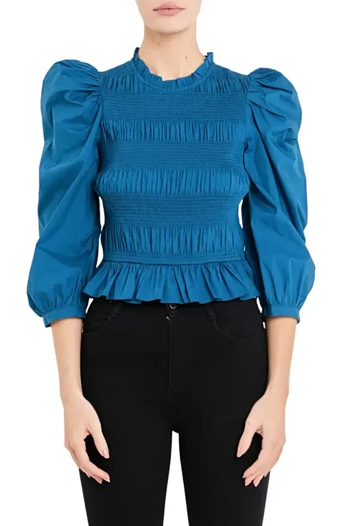 Smocked Puff Shoulder Poplin Top by English Factory