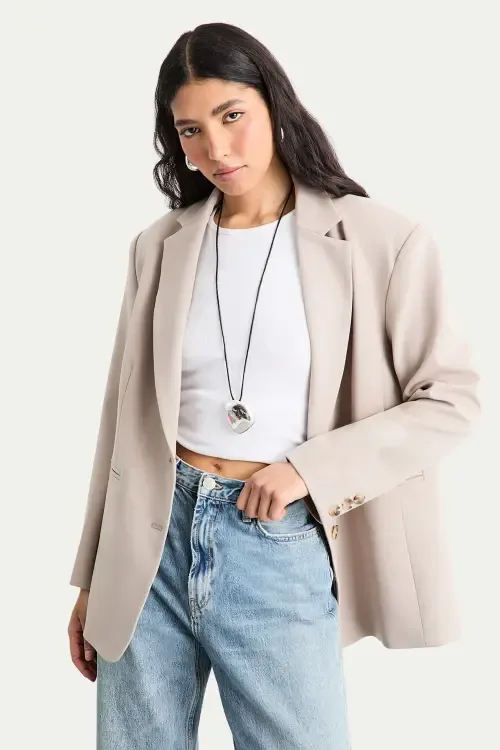 Oversized Single Breasted Blazer - Stone by Warehouse