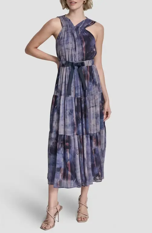 Pleated Tie Waist Chiffon Midi Dress by DKNY