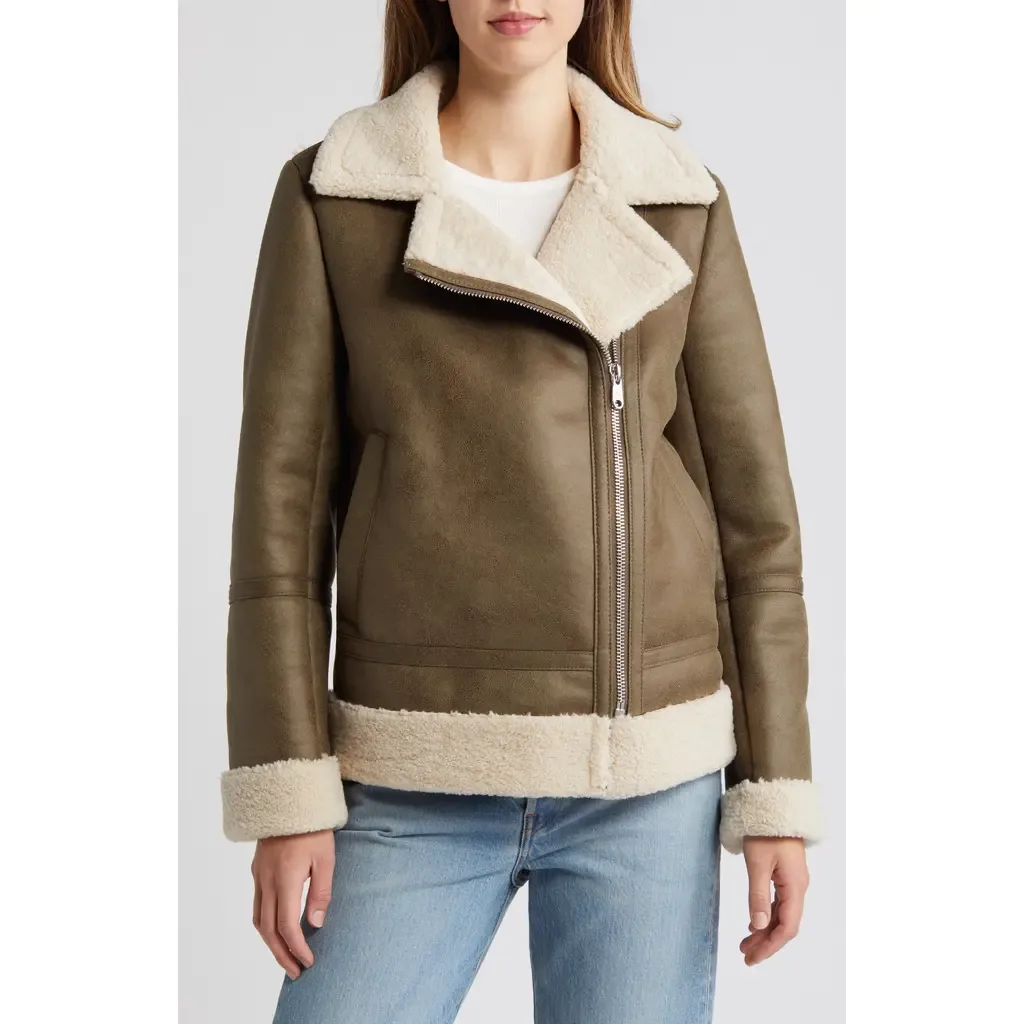 Faux Leather & Faux Shearling Moto Jacket