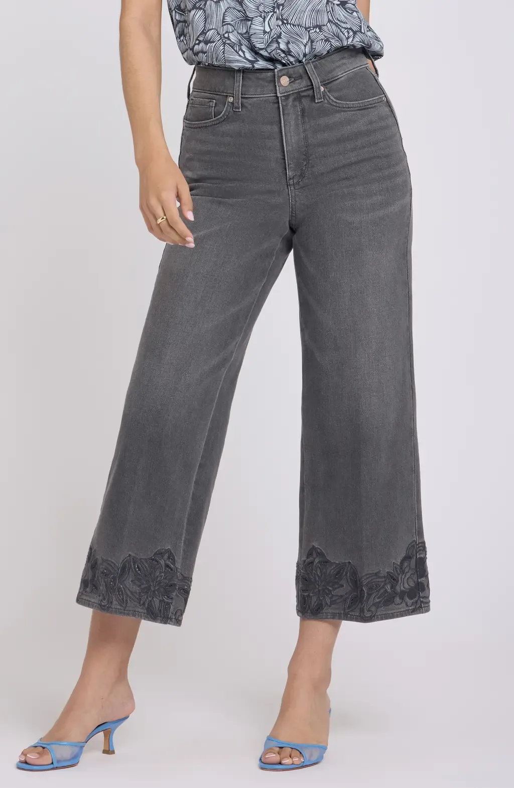 Teresa Floral Hem High Waist Ankle Wide Leg Jeans