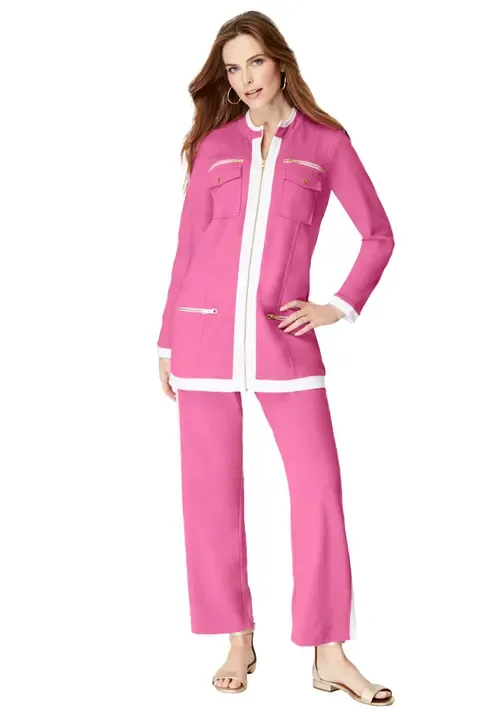 Side Stripe French Terry Pull on Pant Set by Roaman's
