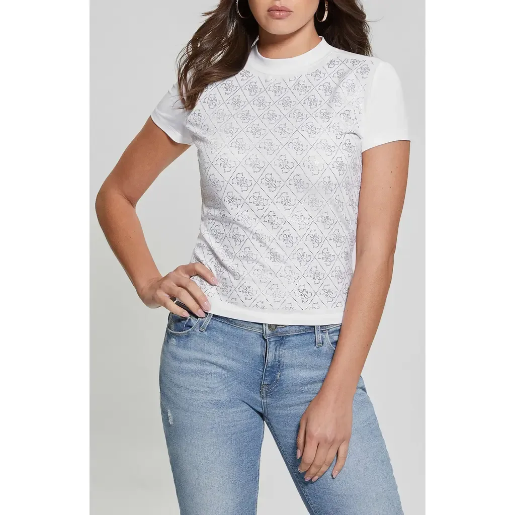 Rhinestone Pattern Mock Neck Organic Cotton Blend Top by GUESS
