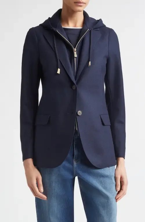 Wool Blend Flannel Blazer with Removable Hooded Bib