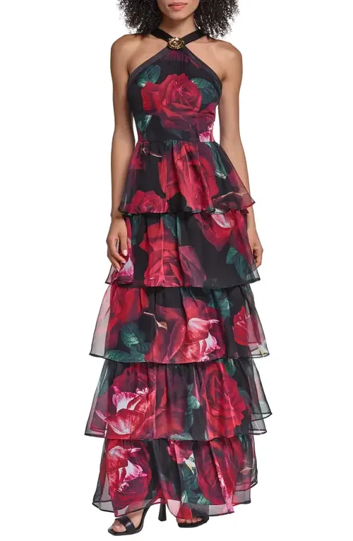 Floral Halter Neck Tiered Gown by KARL LAGERFELD PARIS