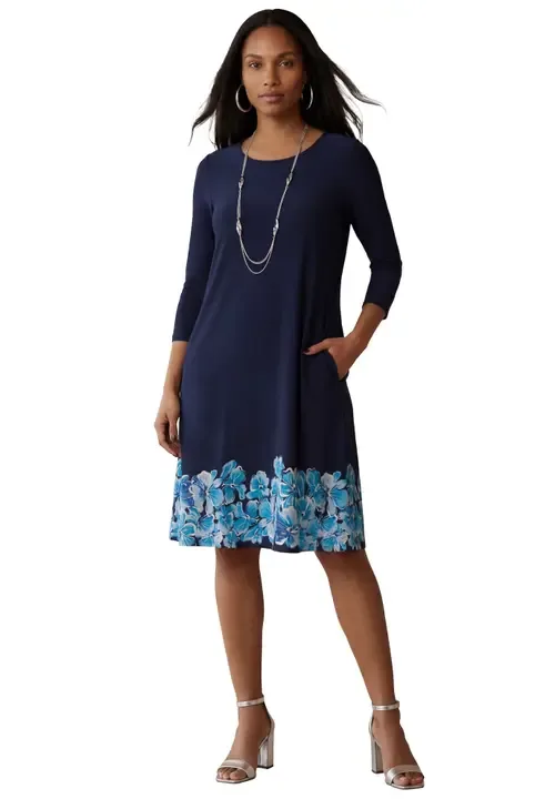 Stretch Knit Three Quarter Sleeve T Shirt Dress