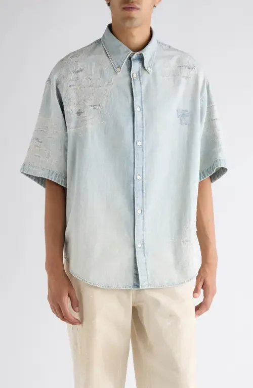 Setar Mending Distressed Short Sleeve Denim Button-Down Shirt by Acne Studios
