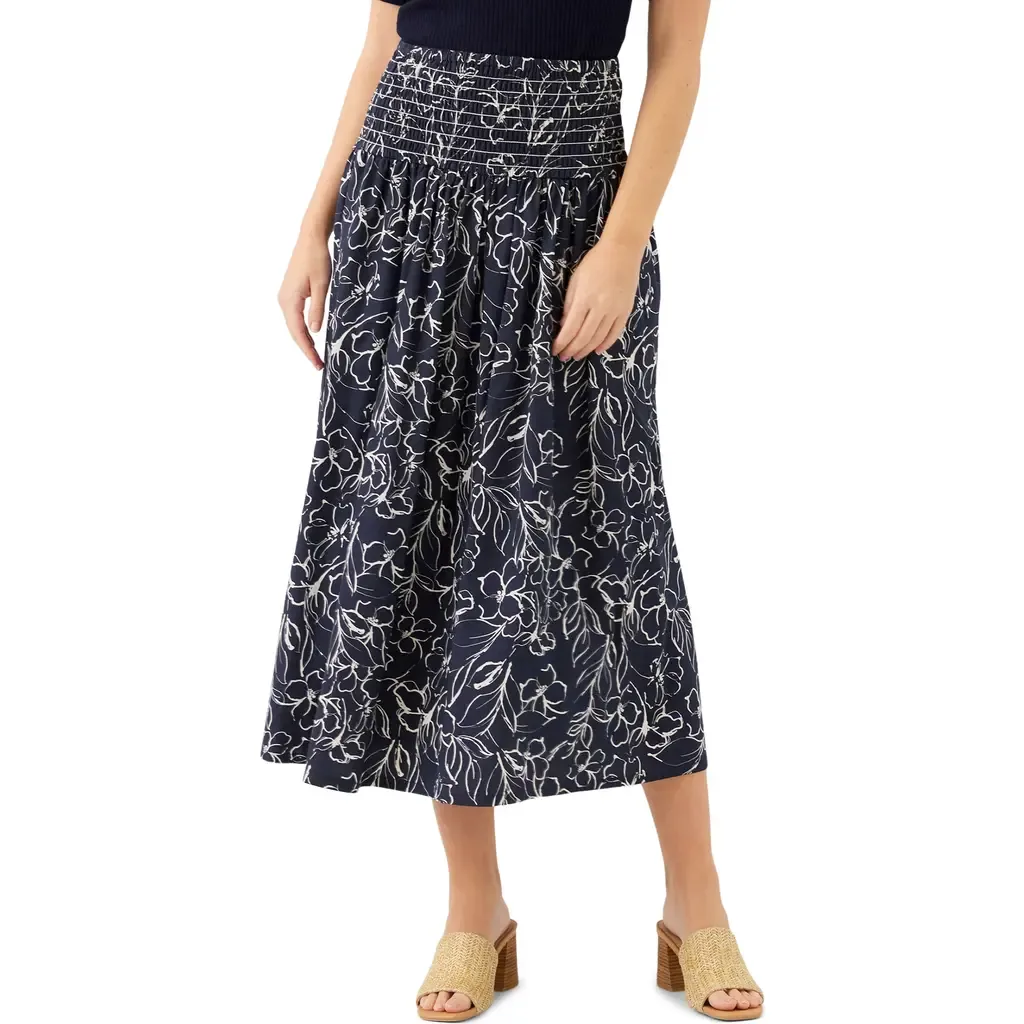 Floral Smocked Waist Cotton Midi Skirt by Karen Kane