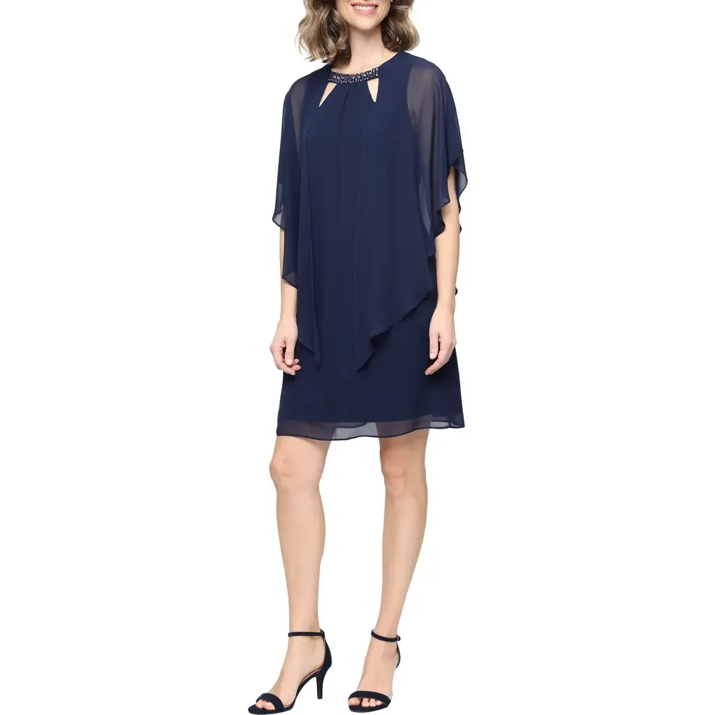 Jewel Chiffon Overlay Shift Dress by SL FASHIONS