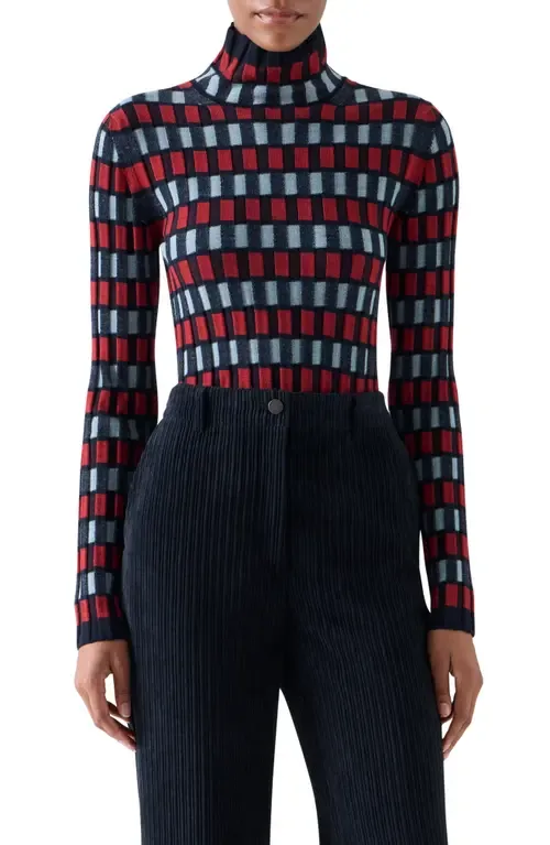 Intarsia Check Wool Turtleneck Sweater by Akris punto