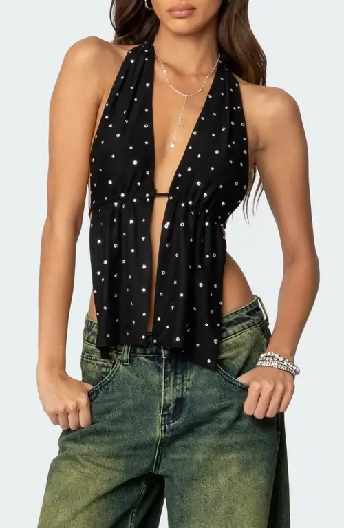 Studded Split Front Open Back Halter Top by EDIKTED
