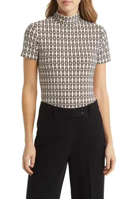 Geo Print Short Sleeve Mock Neck Top by Anne Klein